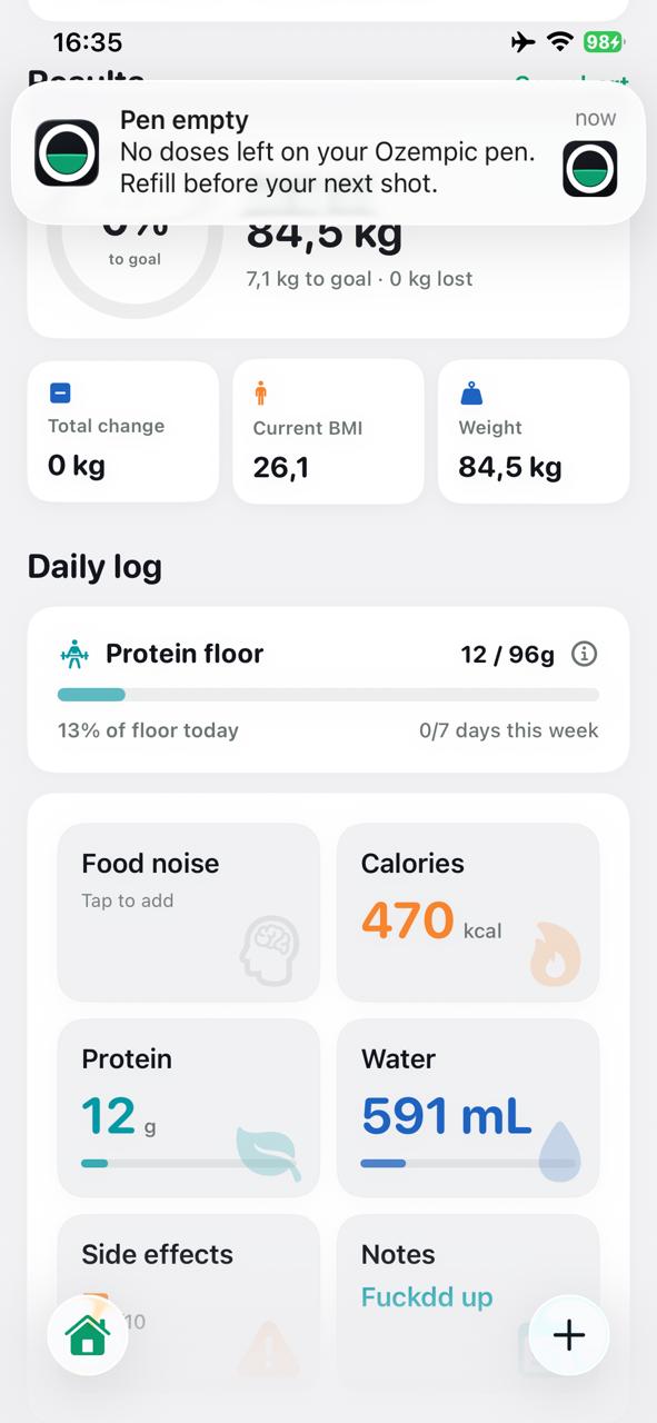 GLPme Results screen showing food noise, protein floor, and daily metrics