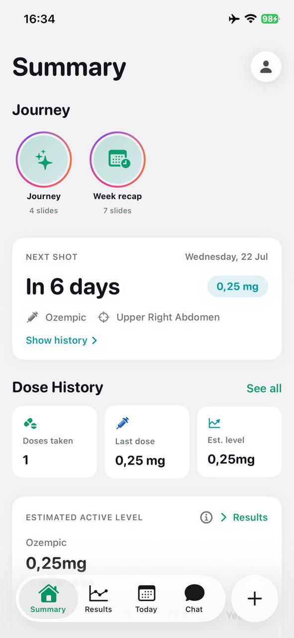 GLPme Summary screen showing next Ozempic shot, dose history, and estimated active level